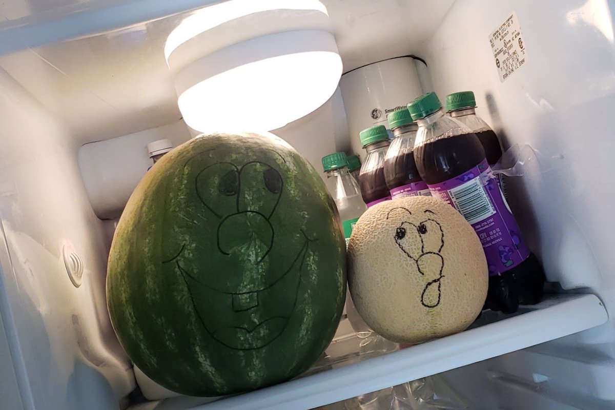 MichelleKidd67's tweet photo. Happy Thursday, y'all! Surprise someone with funny fruit in the fridge. 🍌🍇🍓🍎🍐🍊
Just chillin' in the fridge with my buddy.
[Feel free to add your own caption.]
#FunWithFruit #ThursdayMood https://t.co/awXaoyVPUC