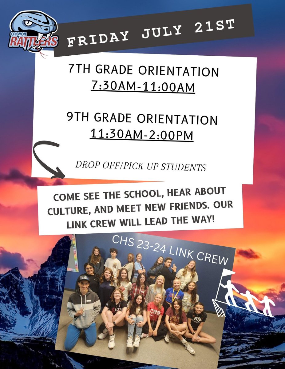 CrismonHs's tweet photo. ATTENTION ALL 7TH & 9TH GRADE STUDENTS!!!! COME VISIT US FOR YOUR ORIENTATION LED BY OUR AMAZING LINK CREW - FRIDAY, JULY 21ST! #QCLEADS #CHSORIENTATION #CRISMONHS #NEWSCHOOLYEAR https://t.co/z7tSSZDd6V