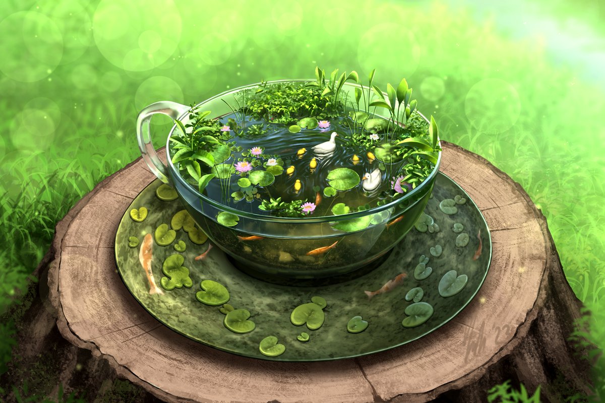HatschYuh's tweet photo. A pond in a cup, wasn't too sure about whether doing it or not, but I like green colours and like smol things. https://t.co/mBeAta2u0B