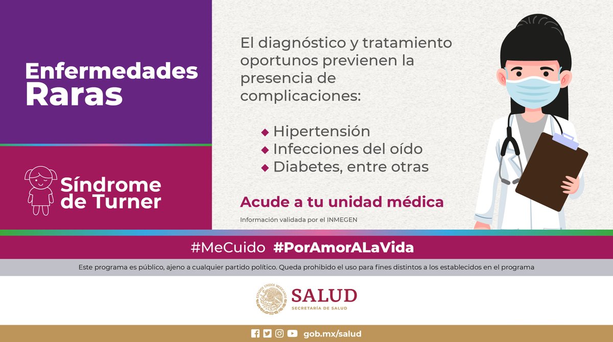 #EnfermedadesRaras I #SíndromeDeTurner 🧬

El Síndrome de Turner es una alteración genética originada por la ausencia parcial o total de un cromosoma sexual X, este se presenta solo en pacientes del sexo femenino.

#MeCuido #PorAmorALaVida