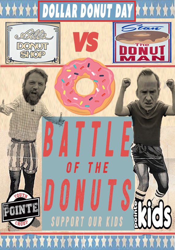 The battle is on! This Sunday, swing by the front lobby for YOUR favorite donut and cast your vote! Spoiler alert: 100% of donations go to our Pointe Kids! Let’s go! #donuts #donutbattle #youth kids