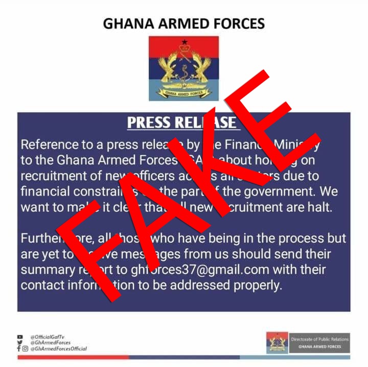 #PressRelease: GHANA ARMED FORCES CAUTIONS PUBLIC AGAINST FAKE PRESS RELEASE ON RECRUITMENT