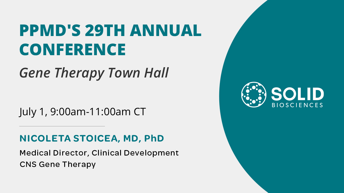 Solid_Bio's tweet image. Solid Biosciences’ Nicoleta Stoicea, MD, PhD will be attending this year's @ParentProjectMD’s annual conference, where she will be participating in the Gene Therapy Town Hall on July 1 at 9:00am CT. View the schedule and register, here: bit.ly/3raiJ1Z

#PPMDConference