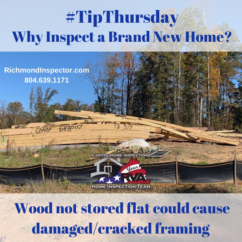 inspectrva's tweet photo. #CHI #TipThursday ~ Do you need an inspection when BUILDING a NEW House?? Lumber that has not been dropped off properly or has been laying outside is prone to damage/cracks. A phase inspection is a wise decision to protect your large investment! Call/book online 804.639.1171 https://t.co/wb19cYuB3x