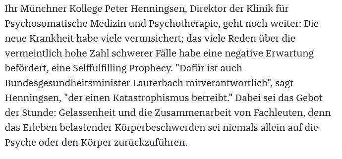 Peter Henningsen erklärt #LongCovid als selffulfilling prophecy verantwortet durch den Katastrophismus von @Karl_Lauterbach. Ich wusste nicht, dass der Minister so mächtig ist, dass er Herzmuskelentzündungen, Schlaganfälle und Neuropathien anordnen kann.
zeit.de/2023/28/long-c…