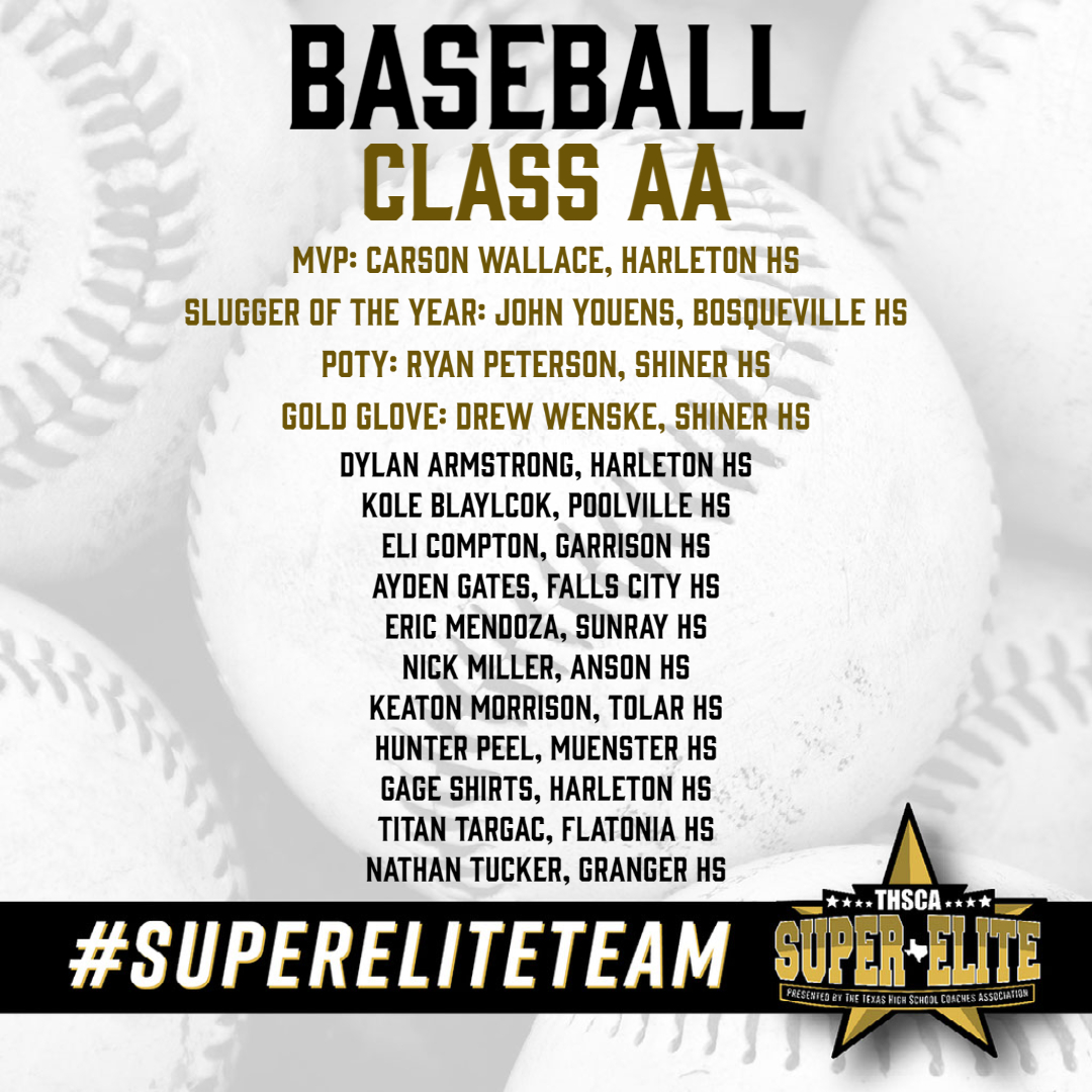 Congratulations to the THSCA 2A Baseball #SuperEliteTeam!⚾🥇 Your outstanding performance and dedication have earned you this statewide recognition!👏

thsca.com/super-elite-te…
<a href="/HarletonB/">Harleton Baseball</a> <a href="/hhswildcatpride/">Harleton High School</a> <a href="/DylanArmstron5/">Dylan Armstrong</a> @yng_gage8 <a href="/Johnyouens3/">John Youens</a> @BosquevilleBas1 <a href="/21ryanpeterson/">Ryan Peterson</a>