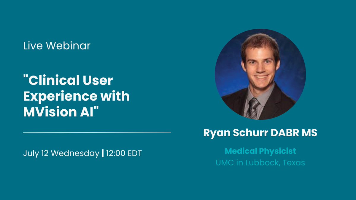 mvisionai's tweet image. Revolutionize your radiation oncology treatment planning. Mark your calendars for July 12th at 12:00 EDT for an exclusive webinar: &quot;Clinical User Experience with #MVisionAI.&quot; Ryan Schurr of UMC in Lubbock, TX shares his firsthand experience. Register: us02web.zoom.us/webinar/regist…