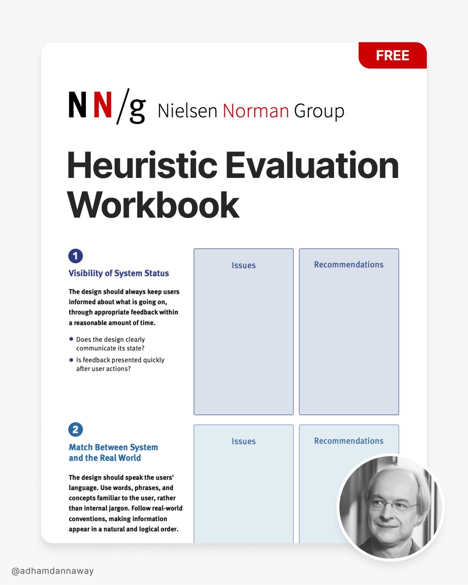 AdhamDannaway's tweet image. 🔍 Heuristic Evaluation Workbook 

Step-by-step instructions to systematically review your product to find potential usability and experience problems. 

Get the free workbook in the link below👇

By @NNgroup 

#design #ux #uxdesign #uxui