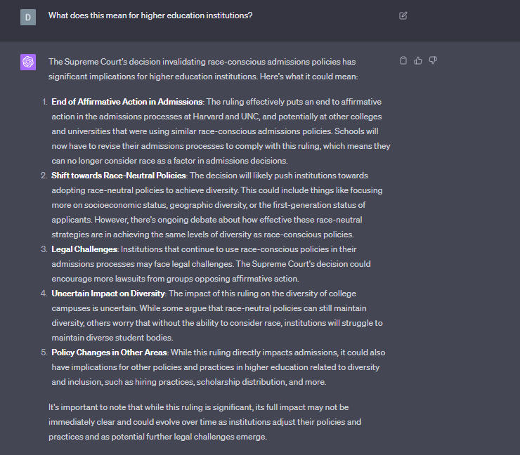 SCOTUS ruling on affirmative action admission policies in Harvard/UNC was released.

The briefing I found was 237 pages.

I asked ChatGPT to explain the ruling and implications for higher ed.

Is this accurate? Does it miss the mark?

supremecourt.gov/opinions/22pdf…