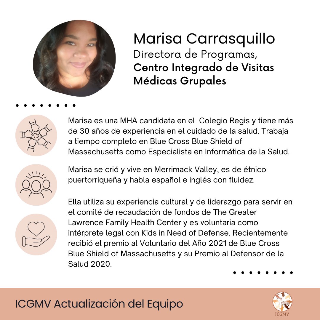 Meet Marissa Carrasquillo, our Program Manager!

¡Conoce a Marissa Carrasquillo, nuestra directora de programas! 

#groupwellness #communityhealthcare #chronicconditions #mentalwellness #mentalhealth #healthjustice #lawrencema