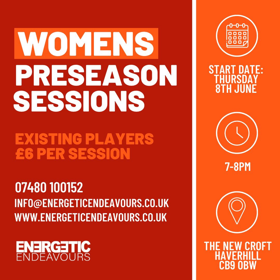 Women’s preseason ⚽️ 
(suitable for 16+)

A great opportunity to get some extra training in alongside your club’s preseason. Don’t worry, we focus on the technical - everything is done with a ball 😅

DM or contact to book:

📱 07480100152
📧 info@energeticendevaours.co.uk
