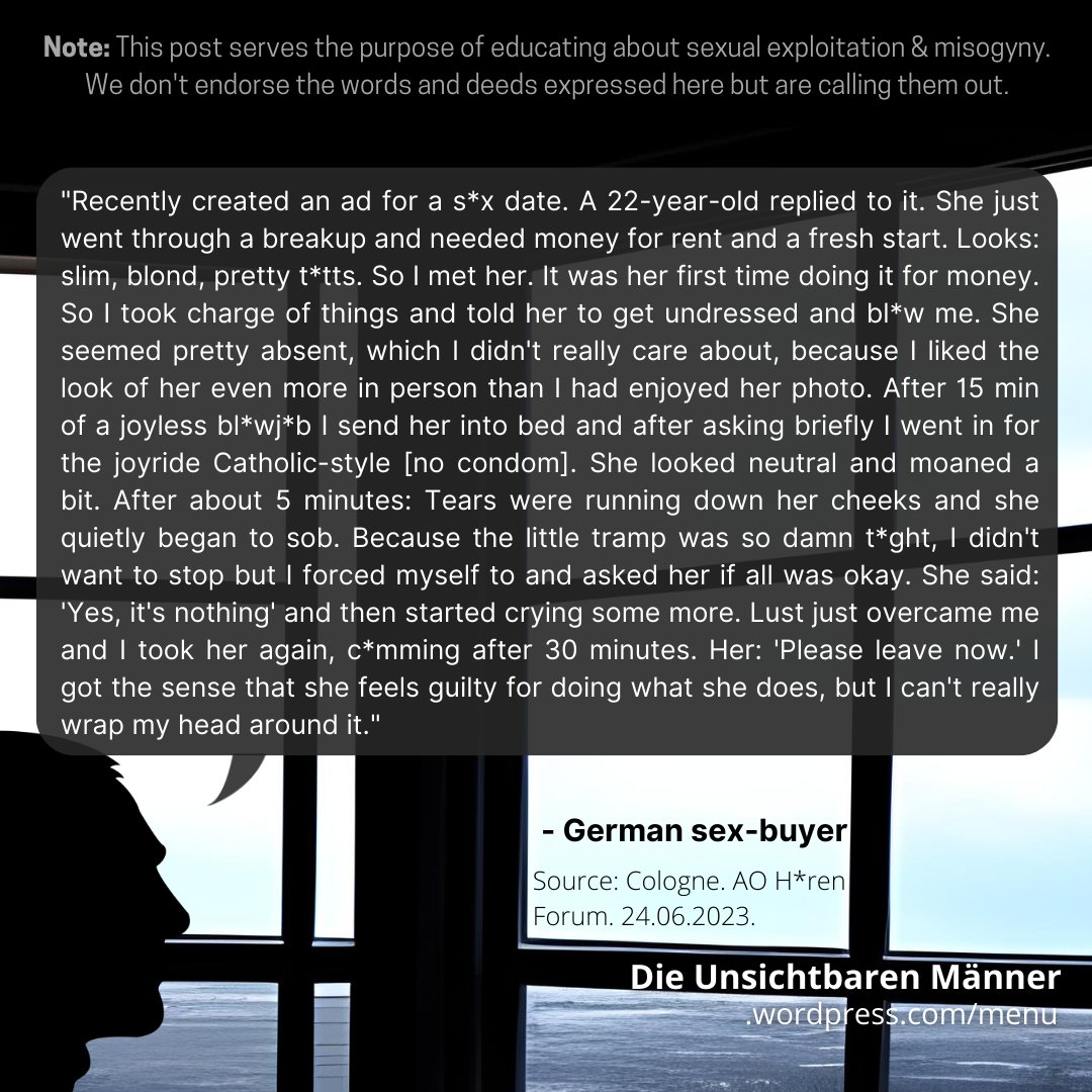 EllyArrow's tweet photo. German sex buyer reports a woman he encountered started crying during "sex" and he just doesn't really get why?

A conversation ensues on the forum on whether what he did was #rape or just another day in the "sexual services" industry.

Quotes researched by survivor @Kali_im_Exil https://t.co/pYhGFyX1YK