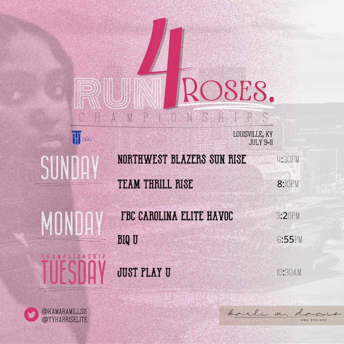 KamaraMills11's tweet photo. Schedule for Run 4 Roses, come check us out @TyHarrisElite https://t.co/BgPEdHsrmx