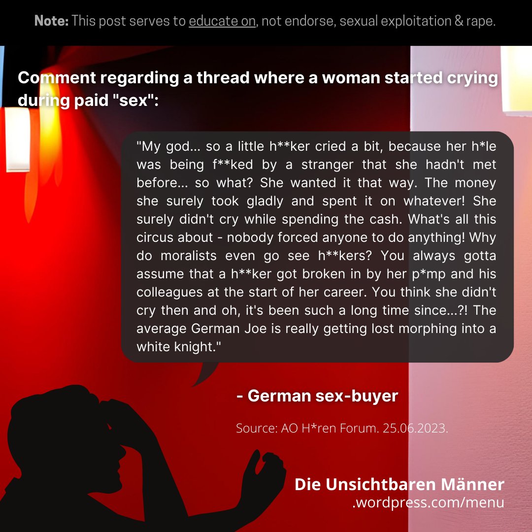 EllyArrow's tweet photo. And this comment finally takes the cake: Yet another sex buyer admitting that #prostitution could not function without #sextrafficking and that he knows full well most women don't say anything while he is brutalizing them, because pimps might do even worse to them if they do. https://t.co/E2cpbU8GHk