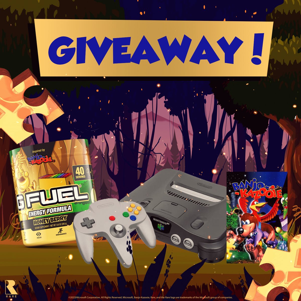 💛 𝗟𝗜𝗞𝗘 + 𝗥𝗧 + 𝗙𝗢𝗟𝗟𝗢𝗪 TO WIN A #BanjoKazooie x #GFUEL N64 BUNDLE!!! Picking 1 lucky winner on Monday to celebrate the 25th ANNIVERSARY of BANJO KAZOOIE! GUH HUH! 🐻 🎵 🎮 ⚡