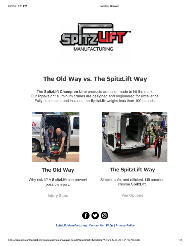 OUT with the old, and IN with the SpitzLift!

Stay Safe, Stay Productive, and Stay Away from Back Injuries with SpitzLift's Champion Product Line. 

Contact us today, and let our expert sales team set you up with a quote for your specific application.

spitzlift.com