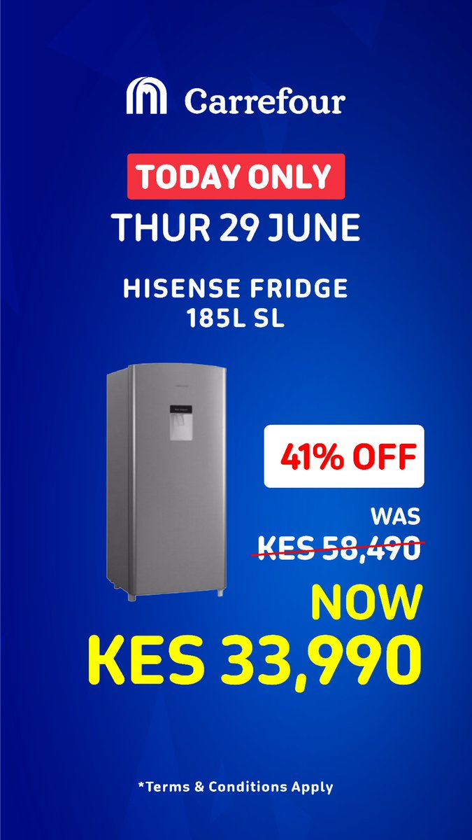 This fridge will save you so much money. Order up now and it will serve you well.

Spend Ksh 3000 and earn a Ksh 400 cashback

#CarrefourThurDeals
Carrefour Deals