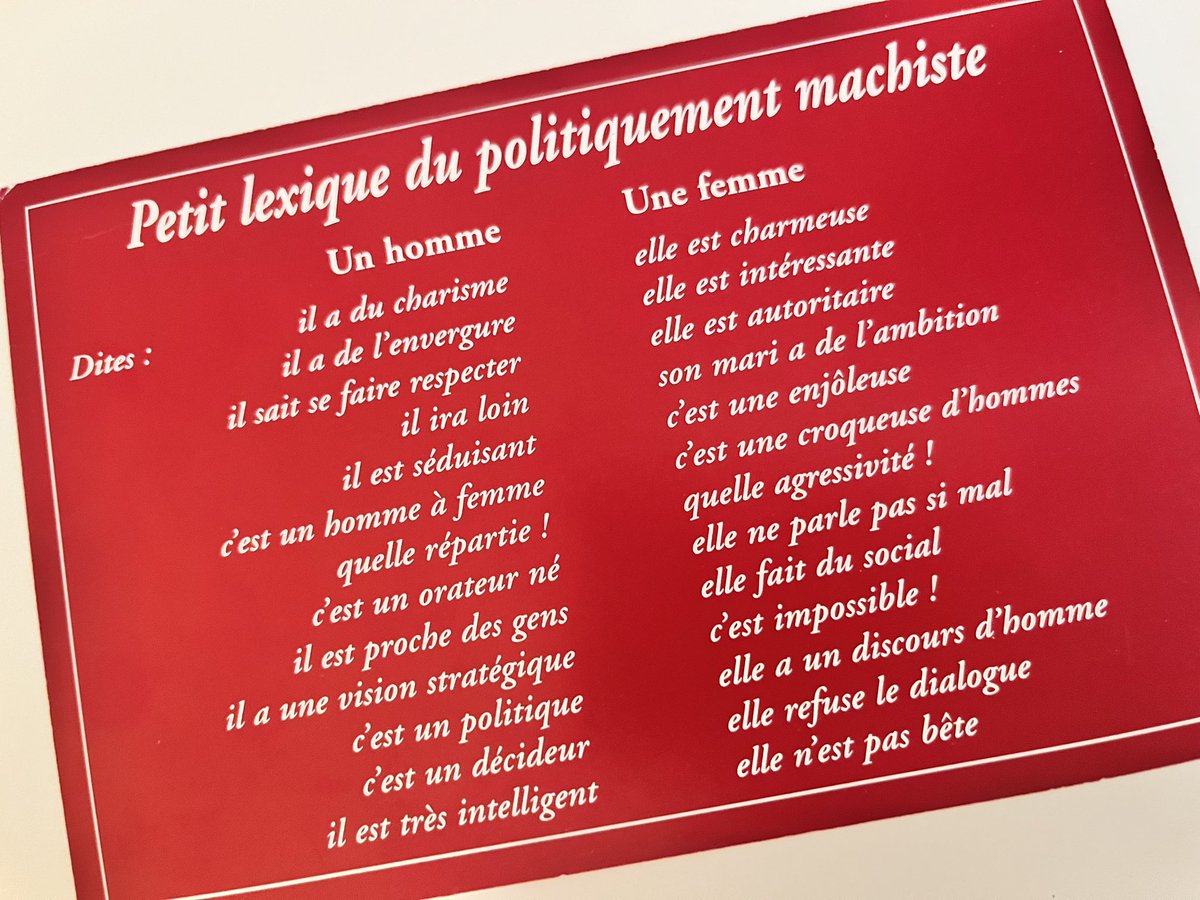 fredfougerat's tweet photo. Archive - Petit lexique du politiquement machiste publié il y a 20 ans.
La rédaction pourrait être améliorée, affinée, actualisée pour un document, loin d’être encore totalement dépassé.

Car même s’il devient de plus en plus habituel de voir des femmes accéder aux plus hautes fonctions de l’État et responsabilités : Première ministre, présidence de l’Assemblée nationale, présidences de groupes, partis politiques, têtes de syndicats… il leur est quand même encore trop souvent fait, en politique, un procès a priori en incompétence.

#Communication #ComPol #ComPublique #Politique