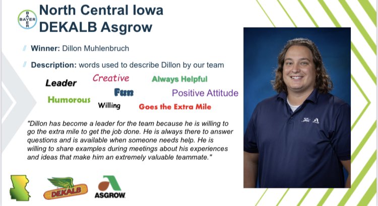 Proud to have FSR Dillon Muhlenbruch as a leader on our team &amp; in his territory! 😎He is ALL-IN when it comes to winning with his dealers and growers, and also keeping everyone energized on the team. Congratulations Dillon! 👊#NeverSettle #WinningHasRoots (and good hair) 🔥