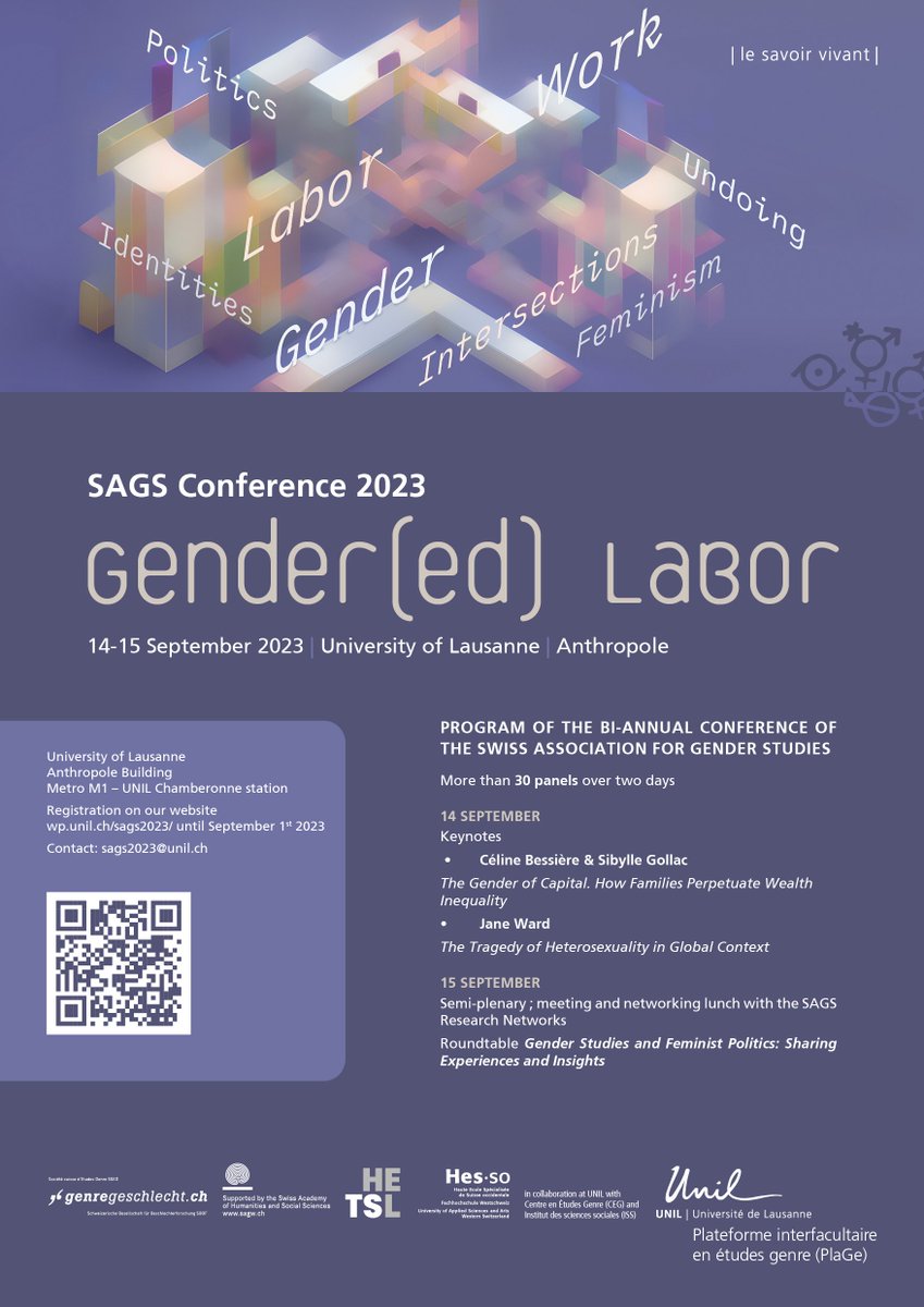 Gender(ed) Labor - Les inscriptions pour le congrès 2023 de la Société Suisse d'Etudes Genre (14-15.09.23) sont ouvertes! 
🌐 Programme et infos: unil.ch/sags2023
➡️ Inscriptions : conferences.unil.ch/sags2023/?targ…
#SAGS2023 #GenderedLabor #EtudesGenre
