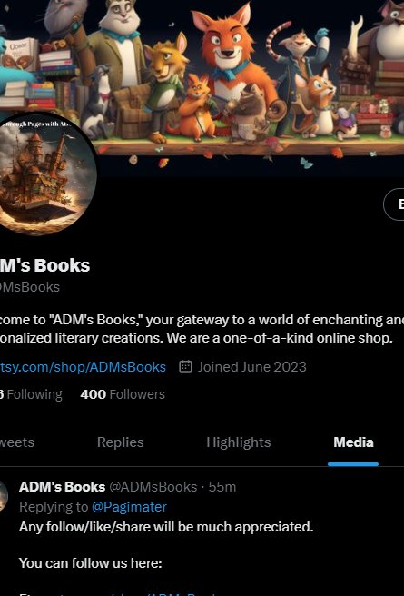 Hello #readersoftwitter  and #writersoftwitter, we would like to #thankyou for the support in our #onlineshop. We reached 400 #followers. Our #goal for the first week will be to make our first #Sales.

Instagram: instagram.com/admsbooks/
TikTok: tiktok.com/@admsbooks?lan…

Thank you!