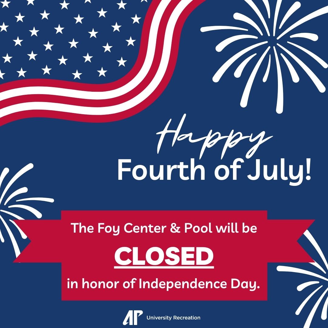 APSUFoyCenter's tweet photo. Ever wonder why there aren't any knock-knock jokes for the Fourth of July? Because freedom rings! The Foy Center &amp; Pool will be CLOSED in honor of Independence Day. Hope everyone has a fun and safe holiday! #APSU #FitGovs #FoyFam https://t.co/9L3h4EaM90