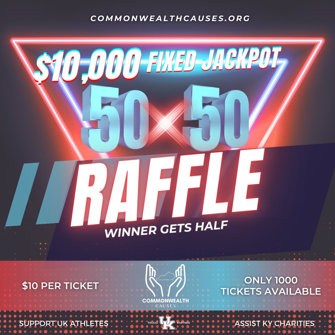KYCauses's tweet photo. 🚨Our $10,000 50/50 raffle (fixed-pot) is LIVE!  Tickets are going quickly 💨  Only 1000 tickets available! 💵  Support our @UKAthletics athletes and KY charities. Visit https://t.co/HmrAlYsBaq to buy.  Go Big Blue!🔵⚪️ #fiftyfifty #BBN #NIL #kycauses #commonwealthcauses #UK #KY #charity
