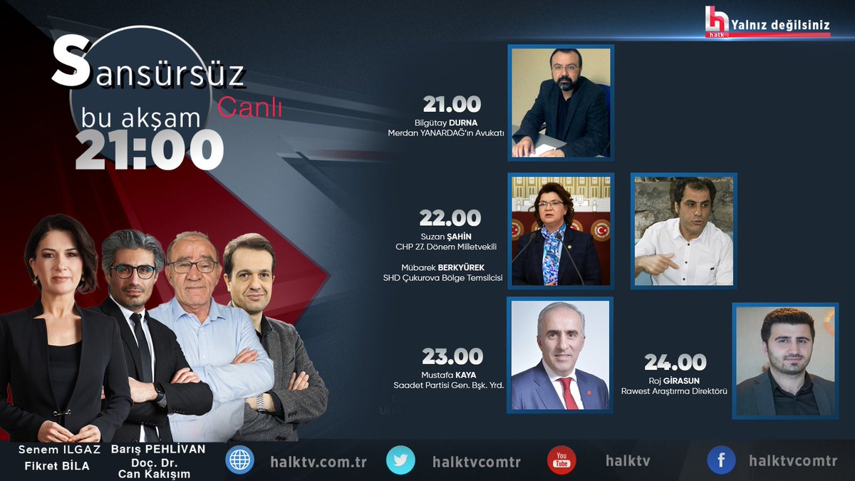📌Merdan Yanardağ neden tutuklu?

📌Hatay'da buruk bayram

📌Muhalefetin yerel seçim sınavı

📌"Muhalefetsiz rejim" tehlikesi kapıda mı?

<a href="/bhdurna/">Bilgütay Hakkı Durna</a> <a href="/SuzanSahin1881/">Suzan ŞAHİN</a> <a href="/muboberk/">mübarek berkyürek</a> <a href="/AzmiMustafaKaya/">Mustafa Kaya</a> <a href="/rojgirasun/">Roj Girasun</a> <a href="/barispehlivan/">Barış Pehlivan</a> <a href="/fikret_bila/">Fikret Bilâ</a> <a href="/cankakisim/">Can Kakışım</a>  ve <a href="/ilgazsenem/">Senem Toluay Ilgaz</a>'le bugün #Sansürsüz'de