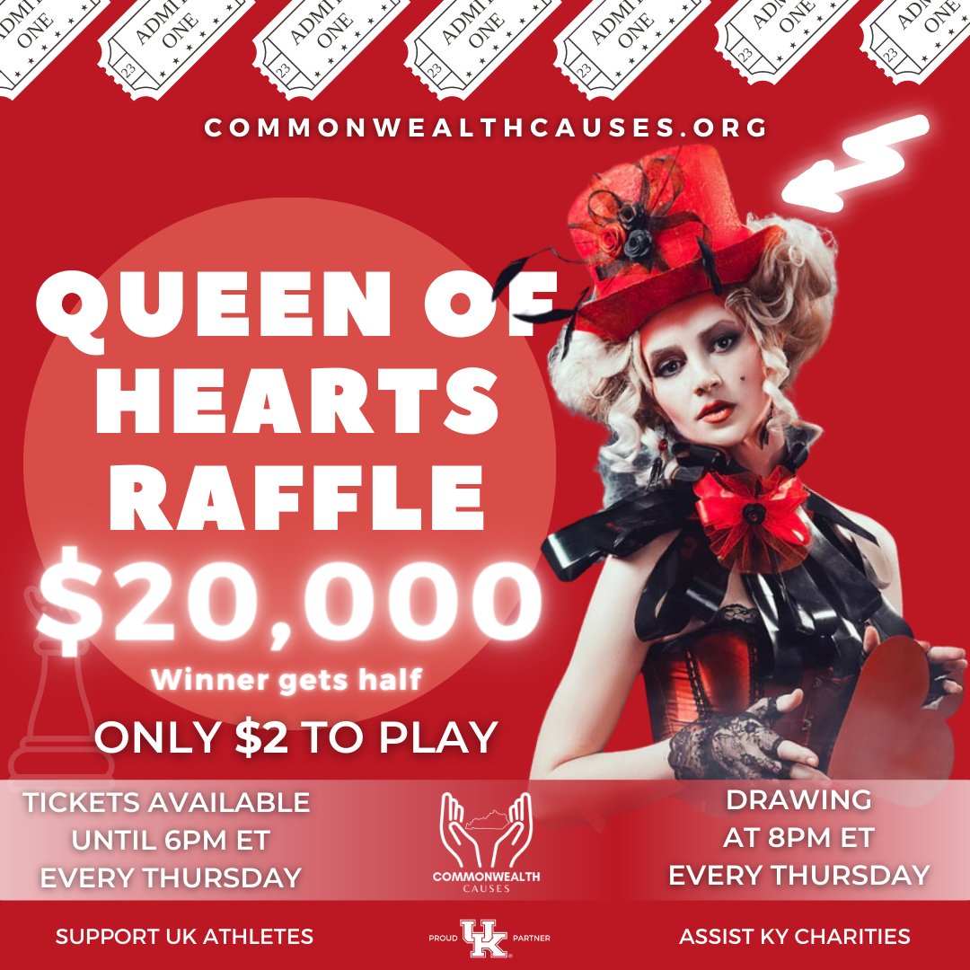 Commonwealth Causes (@kycauses) on Twitter photo ❤️ Our $20,000 Queen of Hearts (fixed-pot) is LIVE! Don't miss your chance to win half of the pot!! Drawing takes place every Thursday at 8pm! 💰 Help support our <a href="/UKAthletics/">Kentucky Athletics</a> athletes and KY charities. Visit commonwealthcauses.org/product/queen-… to buy. Go Big Blue!🔵⚪️ #BBN #NIL #kycauses ❤️ Our $20,000 Queen of Hearts (fixed-pot) is LIVE! Don't miss your chance to win half of the pot!! Drawing takes place every Thursday at 8pm! 💰 Help support our <a href="/UKAthletics/">Kentucky Athletics</a> athletes and KY charities. Visit commonwealthcauses.org/product/queen-… to buy. Go Big Blue!🔵⚪️ #BBN #NIL #kycauses