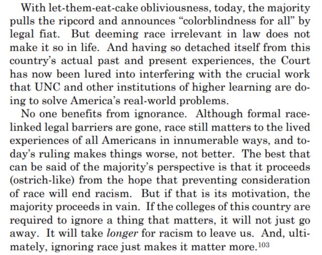 Justice Jackson: 'With let-them-eat-cake obliviousness, today, the majority pulls the ripcord and announces 'colorblindness for all' by legal fiat. But deeming race irrelevant in law does not make it so in life. ... No one benefits from ignorance.' #SCOTUS