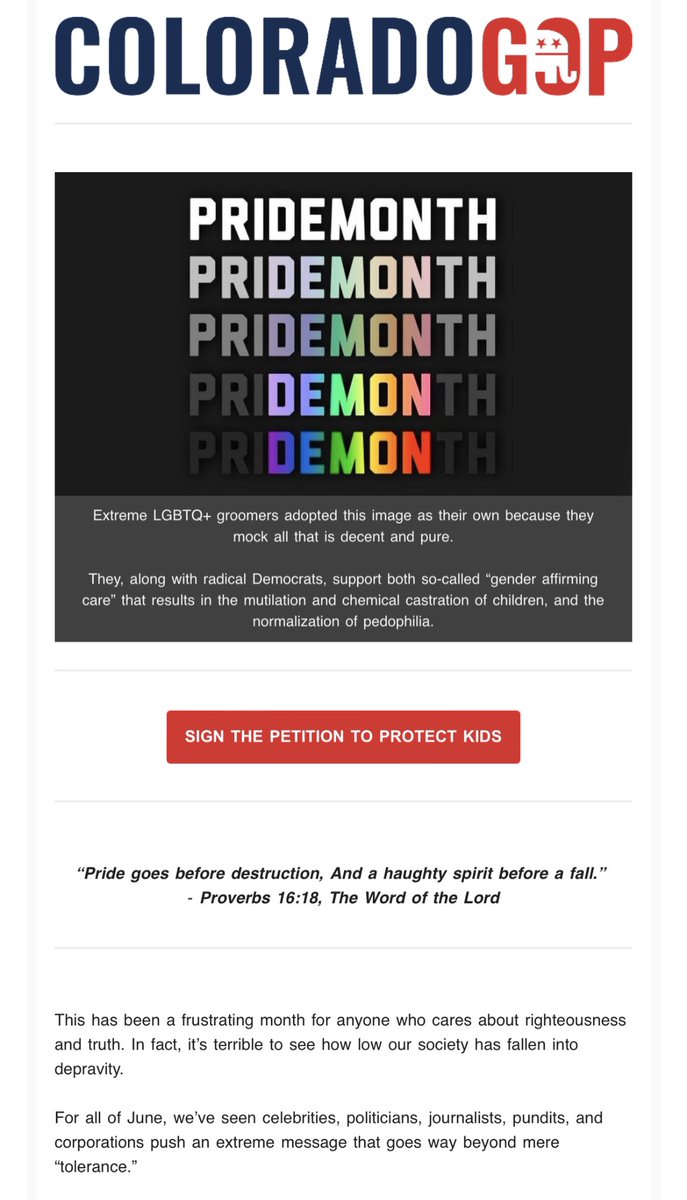 Now that I’ve acknowledged that we and the CO GOP can agree on CO being a Super Tuesday state, I’d also like to remind everyone that their organization is led by dangerous and weird bigots, as exemplified by their newsletter today.