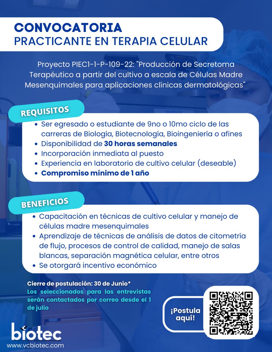 VC_Biotec's tweet photo. VC BIOTEC, está en busca de un practicante que desee participar en nuestro proyecto PIEC1-1-P-109-22, financiado por ProInnovate: "Producción de Secretoma Terapéutico a partir del cultivo a escala de Células Madre Mesenquimales para aplicaciones clínicas dermatológicas". https://t.co/Gk6gawCbHz