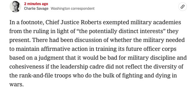 charlie_savage's tweet photo. Nuance in the affirmative action case: the majority exempted military academies from its ban on using race as a factor in college admissions policies.  https://t.co/1LNmrqtRG0 https://t.co/Ntcmf2alH6