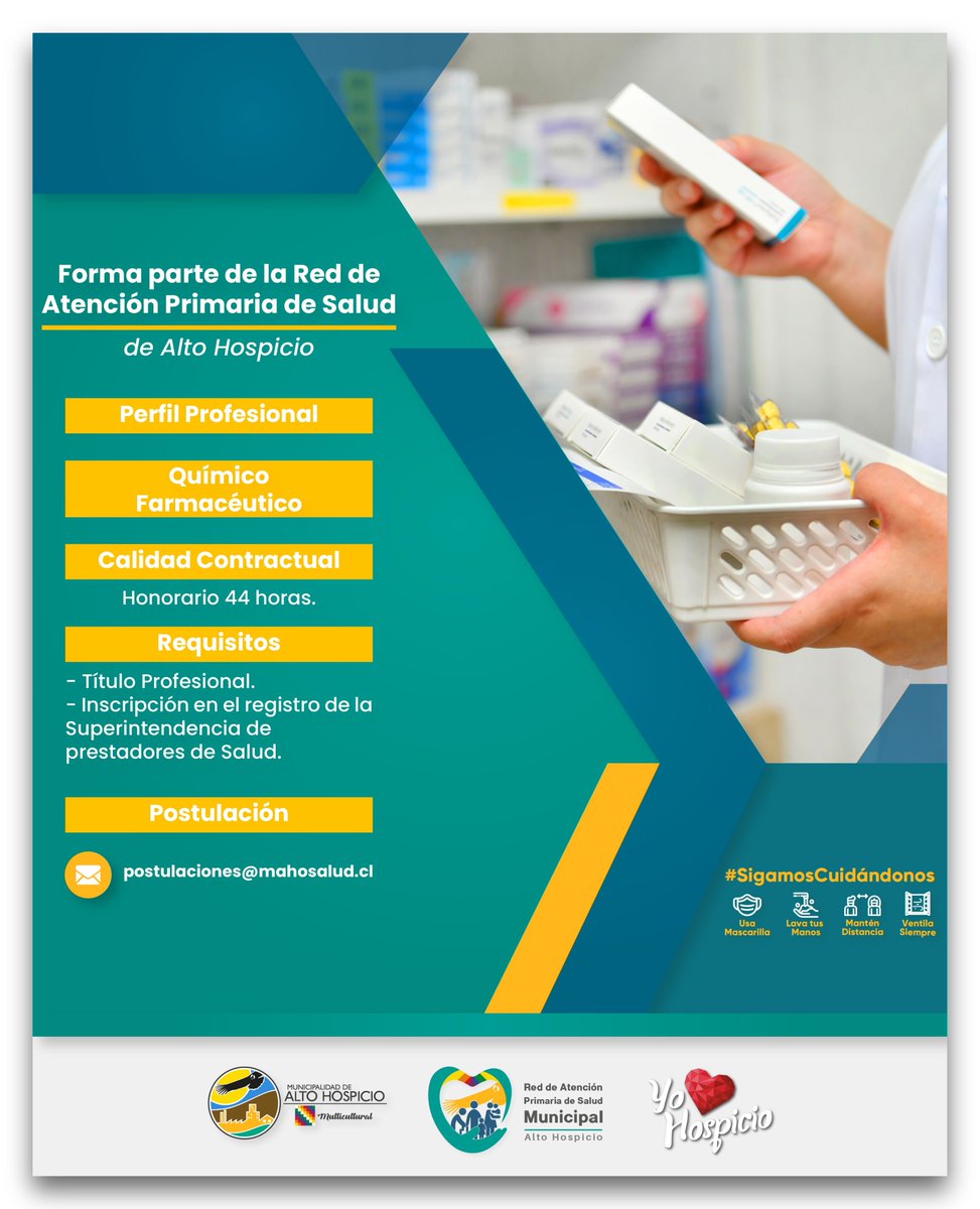 ProfesionalUNAP's tweet photo. ⚠️Atención  🅿️#ProfesionalesUNAP
📌 #OfertaLaboral para Químico/a Farmacéutico/a en Alto Hospicio
#HayTrabajo #ofertasdetrabajo #ofertasdeempleo https://t.co/1uOhKpIEjR