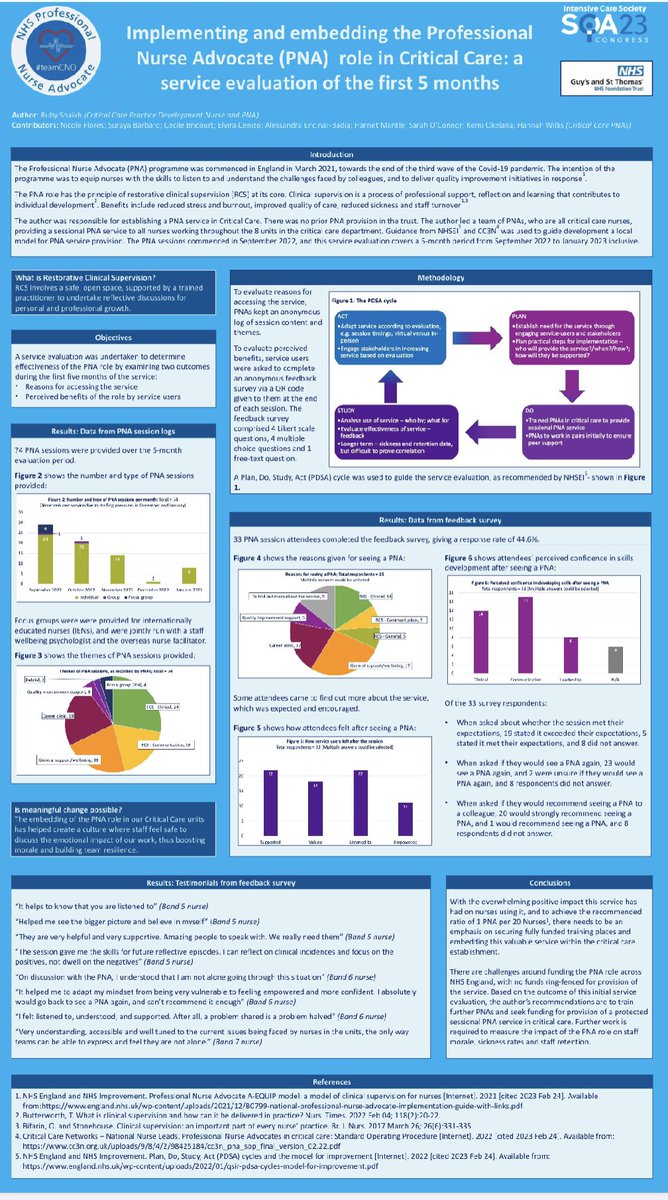So proud to represent @GSTT_ICU at #SOA23 @ics_updates with my first poster presentation about embedding the #PNA role. Great to meet so many PNAs doing great work implementing the role in Critical Care @cmccnkaren @ciarawharton @CC_3N @BACCNUK