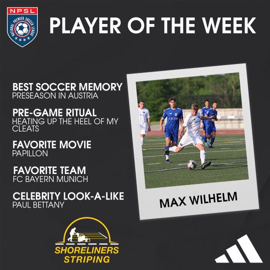 MRFC_NPSL's tweet image. Shoreliners Striping POTW is Max Wilhelm. Max is with us from the University of Albany!