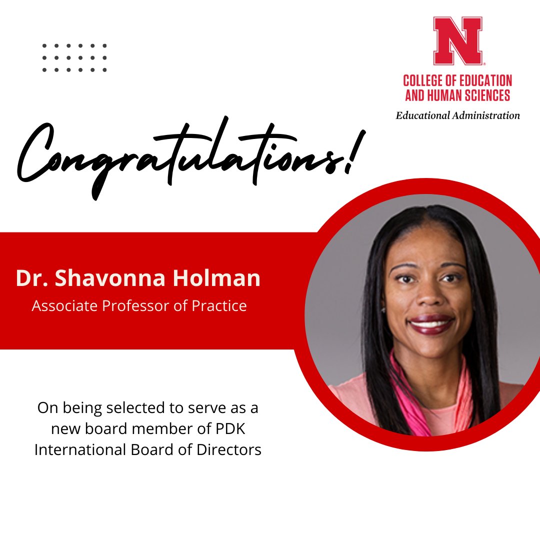 Congratulations <a href="/DrShavonna/">Dr. Shavonna Holman</a> on being selected to serve as a new board member for the <a href="/pdkintl/">PDK International</a> Board of Directors! Dr. Holman is an exceptional leader across @unl_cehs and <a href="/UNLincoln/">University of Nebraska-Lincoln</a> - she is a remarkable addition to PDK International supporting teachers and school leaders!