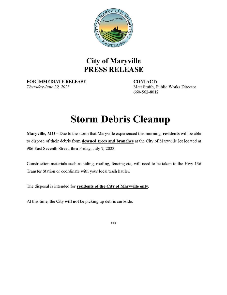 Message from the City of Maryville concerning disposal of debris