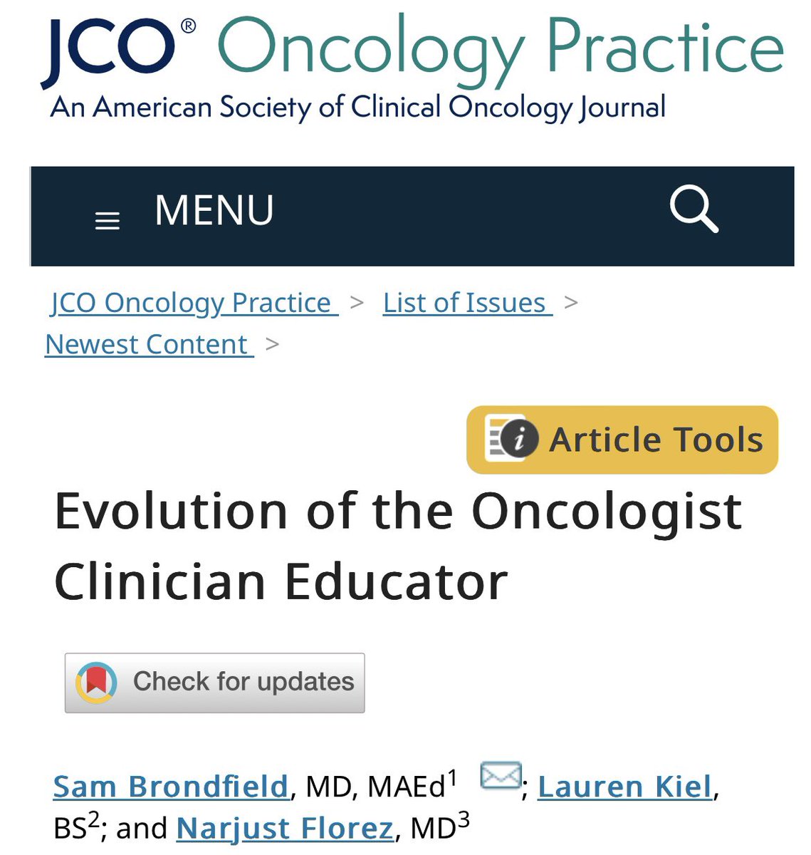 🔥🚨@OncoAlert Hot off the press. Just published @JCOOP_ASCO @ASCO Very important paper on a very important topic: “Evolution of the #Oncologist Clinician #Educator” By great colleagues & experts: Drs @NarjustFlorezMD & @s_brond #OncMedEd #MedEd 👇🏼 ascopubs.org/doi/full/10.12…