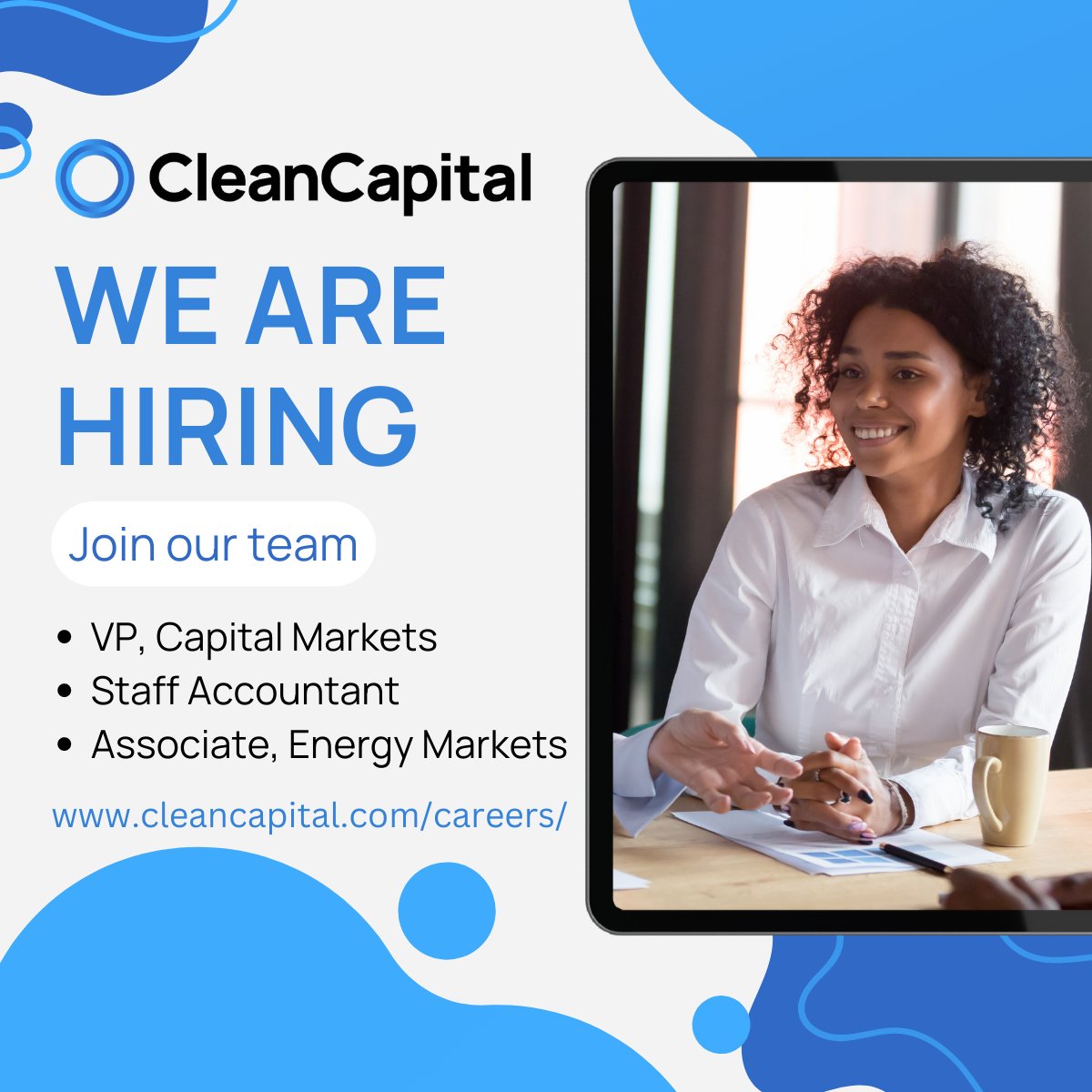 We are at the front lines of clean energy and finance.

#EnergyTwitter - We are #hiring. Join our team! Learn more and apply: cleancapital.com/careers/