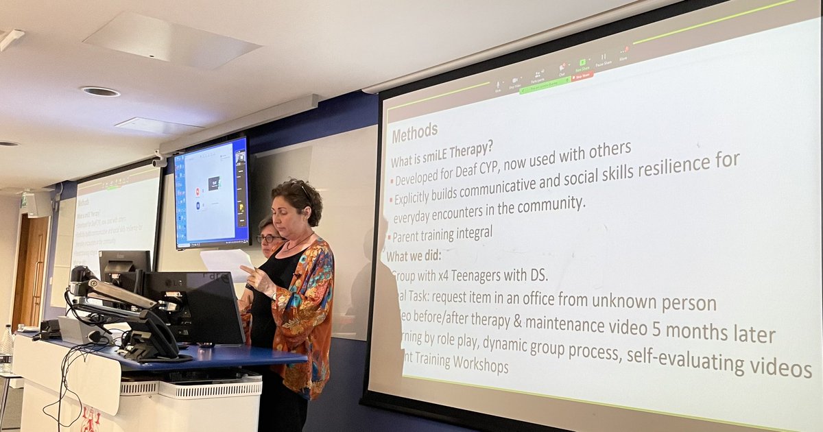 #LCSimpact <a href="/smiletweetsuk/">Smile Therapy</a> now talking about her work with <a href="/sallymorganslt/">Sally Morgan</a> and others on the use of #smiLEtherapy with teenagers with Down Syndrome - now explaining what this therapy is and presenting findings from a service evaluation
