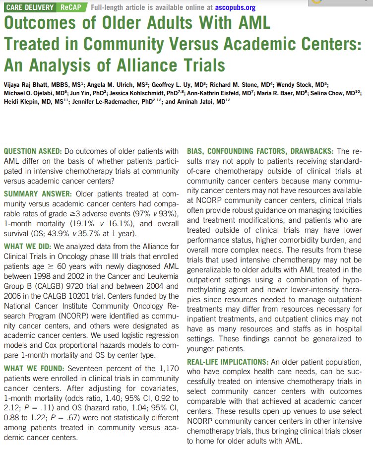 Congratulations to @VijayaRBhatt1 on leading this study of outcomes in older adults with AML at community vs academic centers published in @asco Journal of Oncology Practice. ascopubs.org/doi/pdf/10.120…