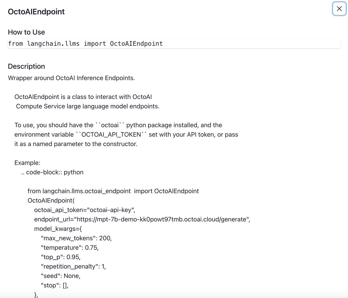 LangChain ❤️ @OctoML 

OctoAI is world-class compute infrastructure for tuning and running models that wow your users.

We recently added integrations for LLM and embedding models on their platform!!

integrations.langchain.com/llms