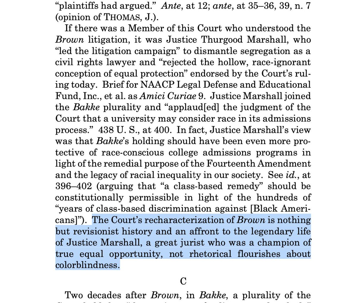 cristianafarias's tweet photo. Justice Sotomayor has sharp words for Chief Justice Roberts' and Justice Thomas' characterization of Thurgood Marshall's views on race and Brown v. Board of Education.

With a nod to @NAACP_LDF's brief. https://t.co/ONVuyePiqk