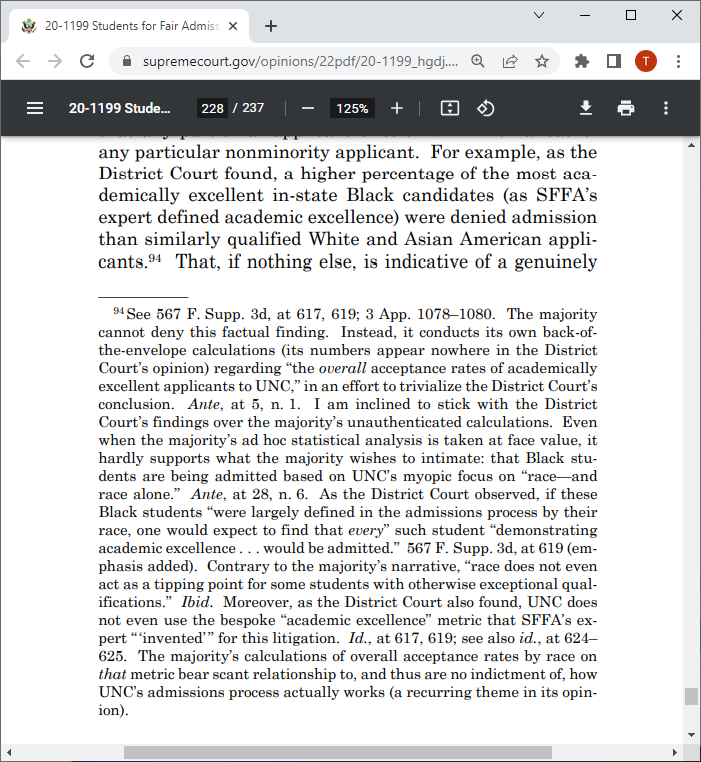 This footnote from KBJ pinpoints a key infuriating feature of legal mobilization against affirmative action over the past 40+ years. Selective universities are obviously considering race, but conservative litigators &amp; judges persistently mischaracterize how they are doing so