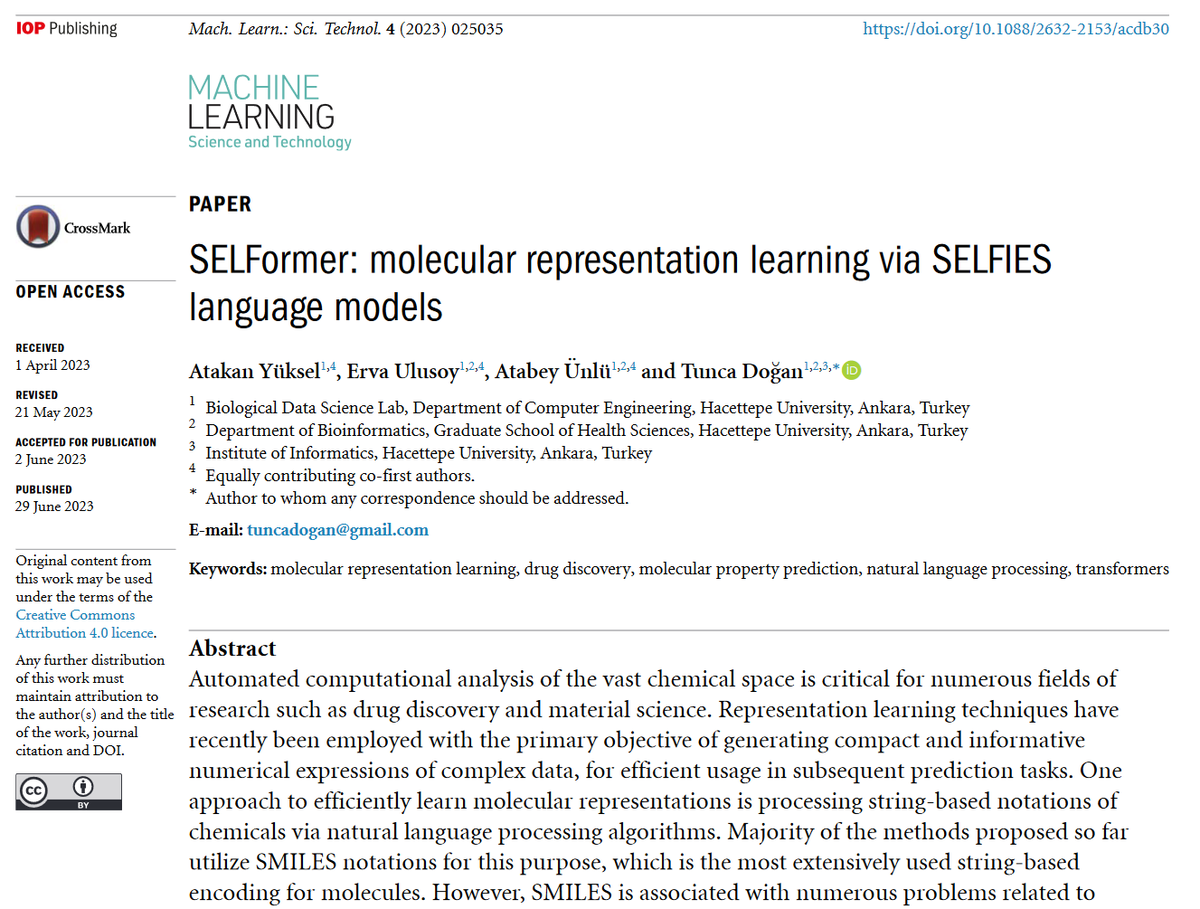 Machine Learning: Science and Technology (@mlstjournal) on Twitter photo Great new work by <a href="/ervaulusy/">erva</a> <a href="/atabeyunlu/">Atabey Ünlü</a> <a href="/tuncadogan/">Tunca Doğan</a> et al <a href="/hubmb/">HÜ Bilgisayar Mühendisliği</a> <a href="/ai_hacettepe/">HÜ Yapay Zekâ Mühendisliği</a> <a href="/hubioinf/">hubioinformatics</a> <a href="/HUbilisim/">Bilisim Enstitusu</a> -'SELFormer: molecular representation learning via #SELFIES language models'- bit.ly/3Ny2aod #machinelearning #compchem #drugdiscovery #AI #materials #bioinformatics #NLP Great new work by <a href="/ervaulusy/">erva</a> <a href="/atabeyunlu/">Atabey Ünlü</a> <a href="/tuncadogan/">Tunca Doğan</a> et al <a href="/hubmb/">HÜ Bilgisayar Mühendisliği</a> <a href="/ai_hacettepe/">HÜ Yapay Zekâ Mühendisliği</a> <a href="/hubioinf/">hubioinformatics</a> <a href="/HUbilisim/">Bilisim Enstitusu</a> -'SELFormer: molecular representation learning via #SELFIES language models'- bit.ly/3Ny2aod #machinelearning #compchem #drugdiscovery #AI #materials #bioinformatics #NLP