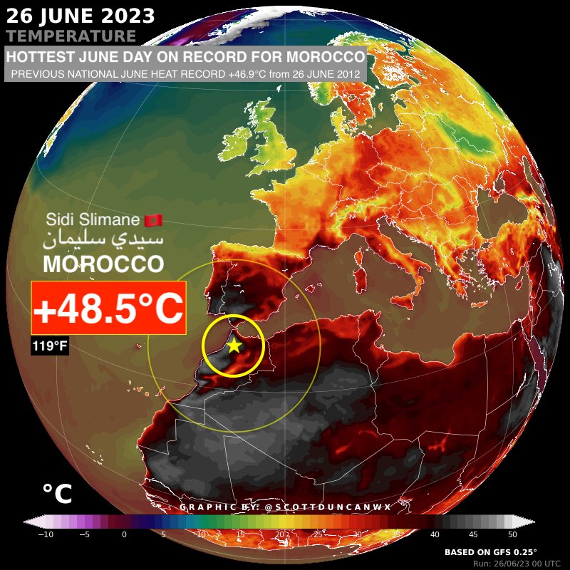 Extreme heat in Northwest Africa. Morocco 🇲🇦 has just observed its hottest June day on record. 48.5°C breaks the previous national June record by +1.6°C (set in 2012).