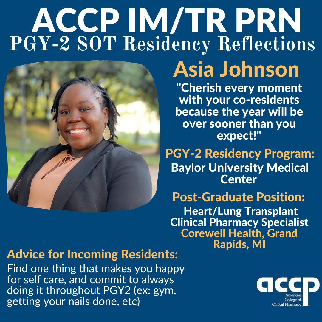 TxpPRN's tweet photo. ππ Class of 2023 PGY-2 SOT Residency Reflections: Asia Johnson from Baylor University Medical Center. After graduation, Asia will be a Heart/Lung Transplant Clinical Pharmacy Specialist at Corewell Health in Grand Rapids, MI. Congratulations, Asia! ππ#TxPharm #PhamRes https://t.co/6TXeP3j5mo