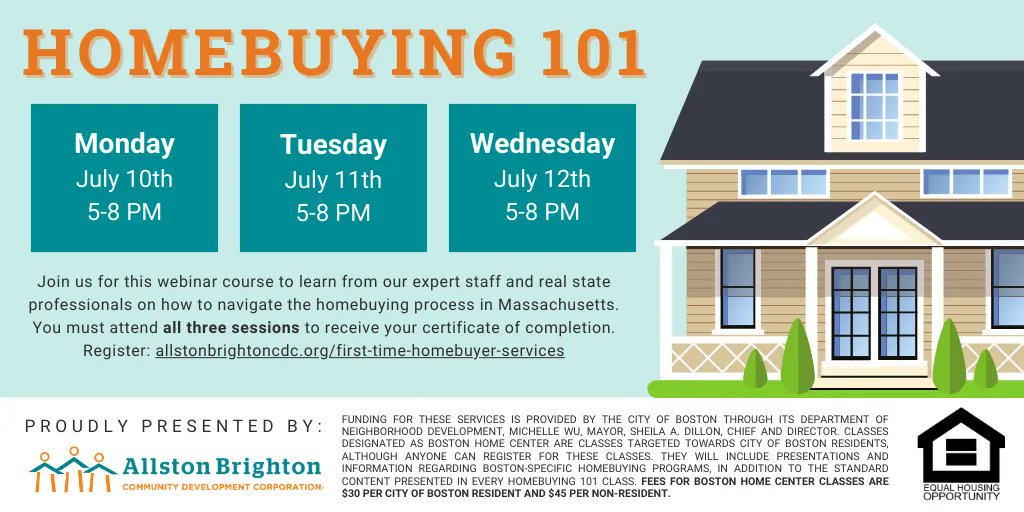 Are you interested in learning more about the #homebuying process? Register for one of our upcoming Homebuying 101 classes in partnership with the Boston Home Center! Registration for City of Boston residents is only $30: buff.ly/3qKBOYk @CityOfBoston @BostonNeighbor