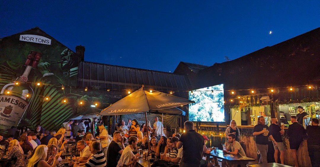 nortons_digbeth's tweet photo. We've unleashed the beer garden beast! With the canopy gone, we've gambled it all on a non-stop-sunshine summer! 

Pop in for a pint and some live music in the beer garden, or hide away from the blistering heat in the cool shade of the back room bar! https://t.co/qlcTuByI86